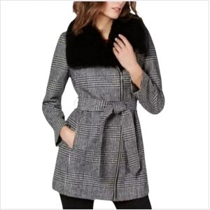 NWT INC International Plaid Belted Coat Faux Fur Collar Asymmetrical Zip Sz L